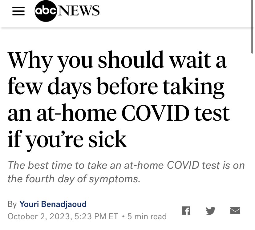 Hi, this is very important information everyone needs to hear. 

Test on the 4th day of symptoms.

“New variants may cause differences in [the] timing of viral load. It may affect the timing of when tests may be the most optimal to detect the virus.” abcnews.go.com/Health/wait-da…