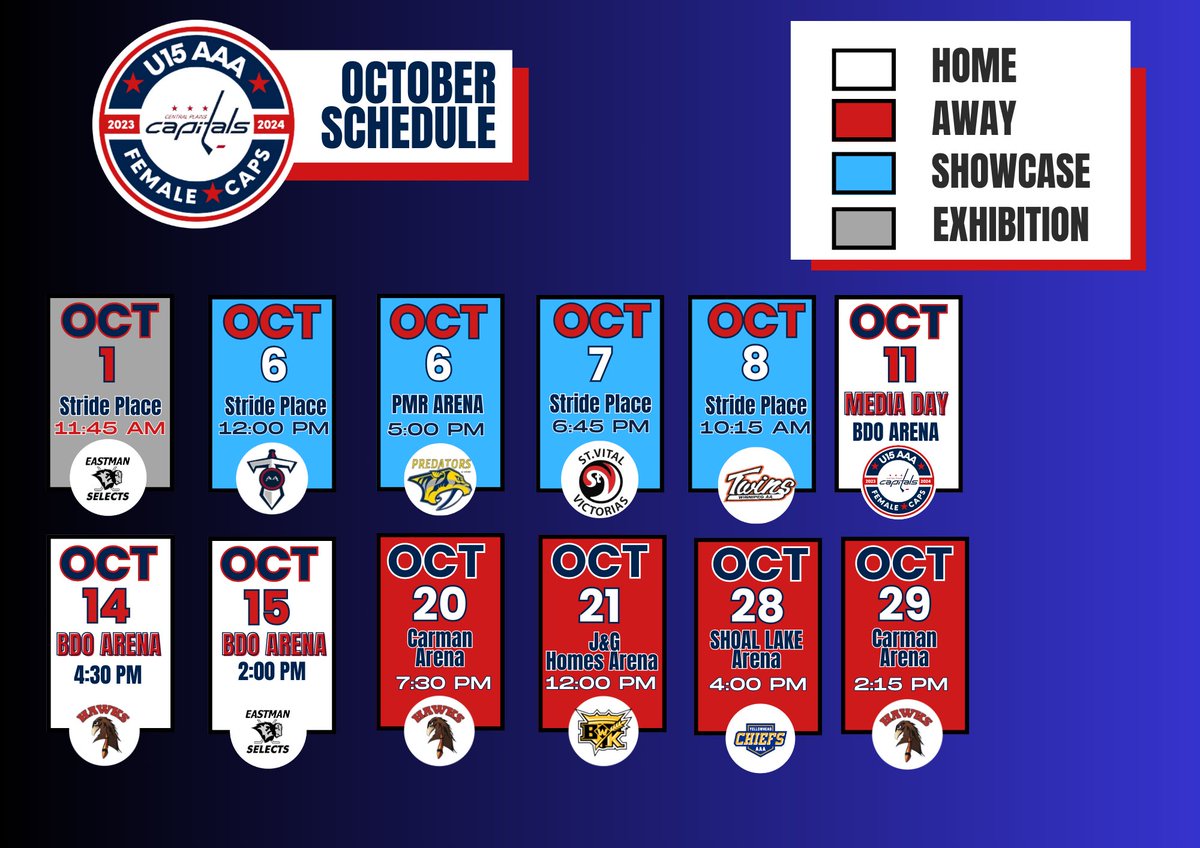 CPU15AAAFemCaps's tweet photo. 🚨October Capitals Schedule, hot off the press❗️
#gocapsgo #capsproud #centralplainsfemalehockey #centralplainsfemalecapitals #femalehockeyteam #mfhlu15aaa #elitefemalehockey #aaahockey #centralplainshockey #femalehockey #womenshockey #hockeymanitoba #hockeycanada
@hockeymanitoba @HockeyCanada
