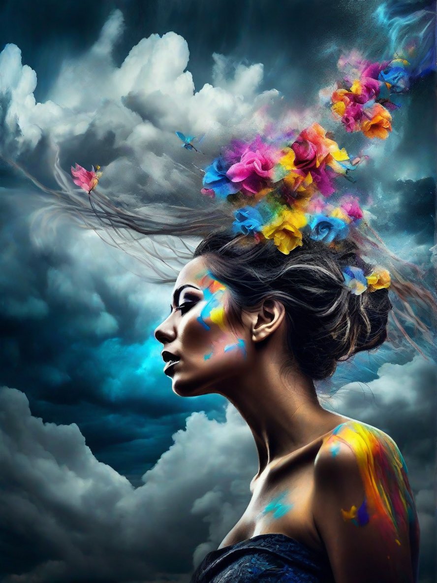 Storm and origami flowers meet in a surreal Lee Jeffries-style portrait. 🌩️🌸 #Surrealism #LeeJeffriesPortrait #aiart