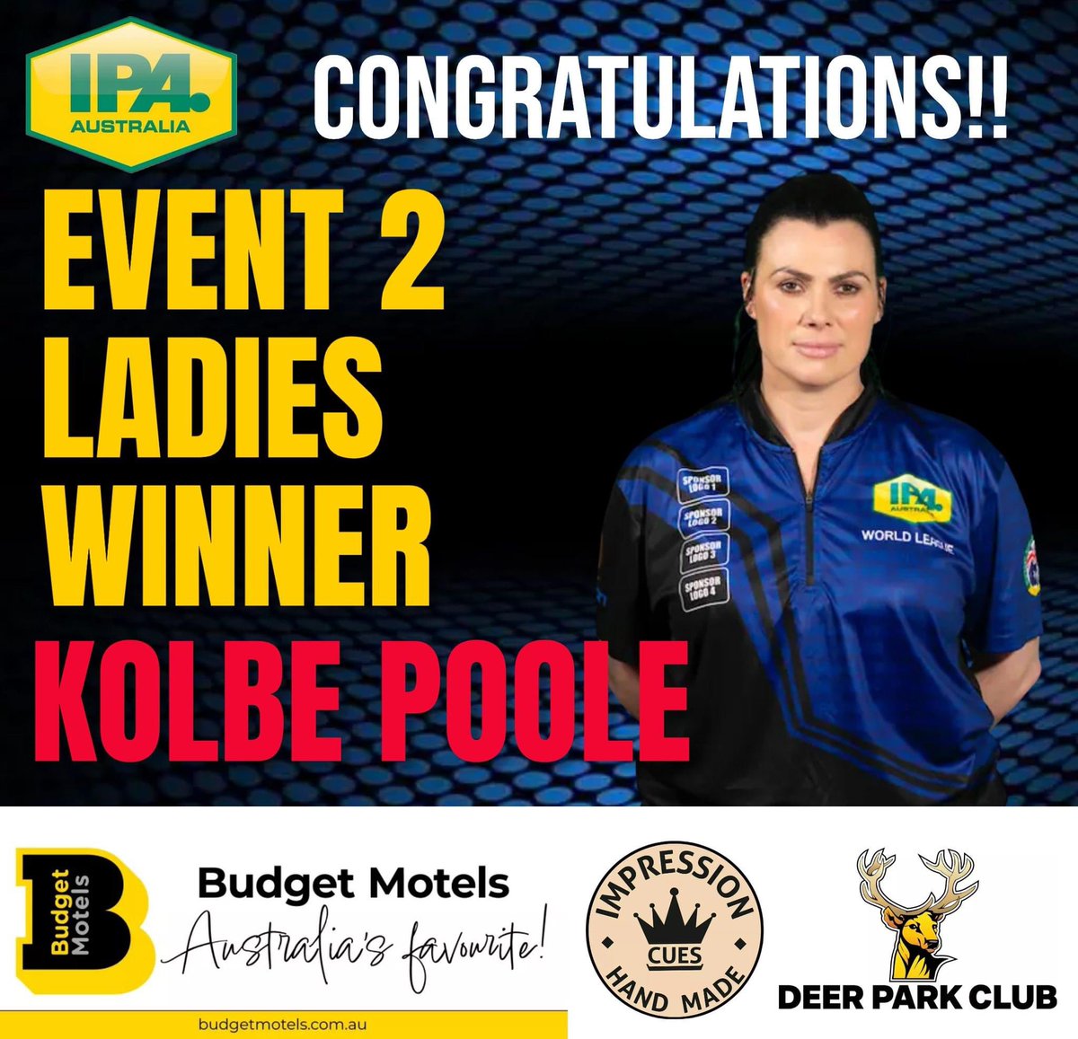 OBA_blackball's tweet photo. Congratulations to Kolbe Poole who beat Taylor Meyer to win the 2023 IPA Australia World League Ladies event. https://t.co/Y8BdbqsVzN