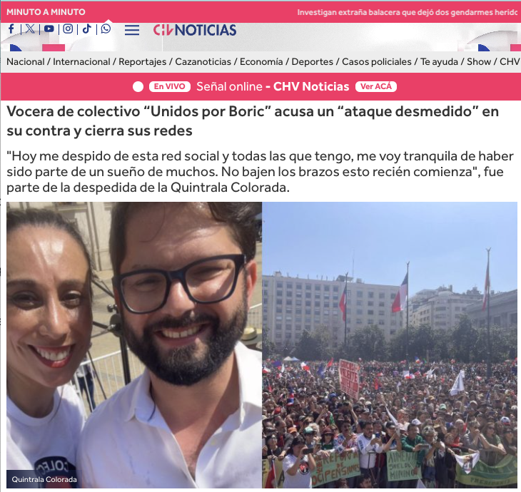 Radar_C_L's tweet photo. El odio de la ultraderecha, fake news y ataques personales, alejó de sus rrss a Gabriela Cortéz, vocera del colectivo Unidos Con Boric. La exitosa convocatoria ciudadana, pacífica, sin destrozos, llevó a la extrema derecha a atacarla a ella y exponer su familia en rrss. Se agradece su invaluable apoyo y esperamos verla pronto de regreso @rovijomac #BoricEstamosContigo 
Fuente: https://t.co/VooJOnxz88