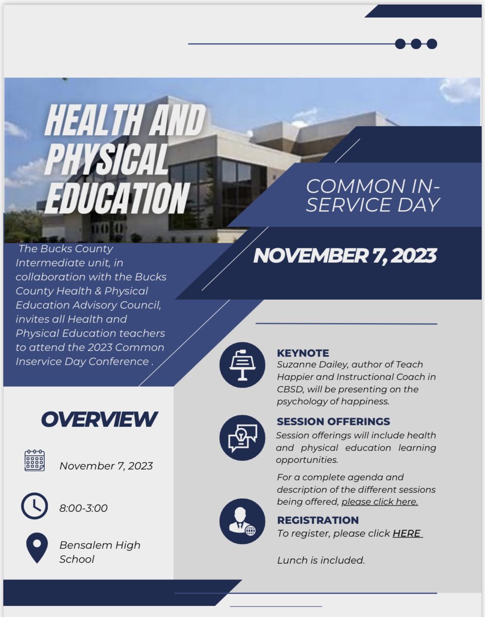 <a href="/SHAPE_PA/">SHAPE PA</a> and Health and PE colleagues, check out this wonderful PD opportunity being offered on November 7! Lots of workshop offerings and time and space provided during share sessions to connect with colleagues across the county!