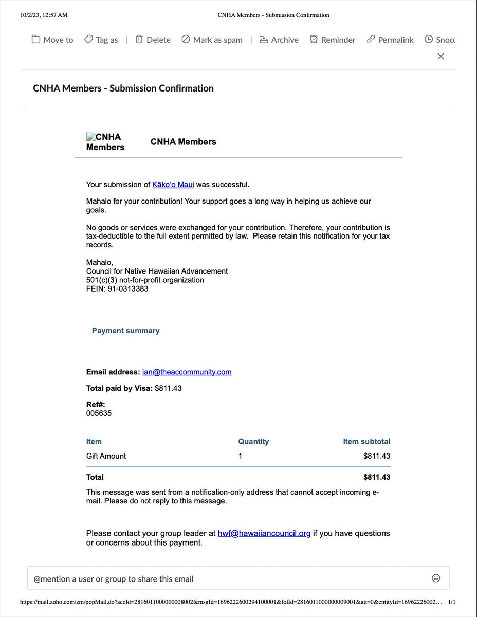 Proof of donation! $811.43 – all because of you. Thank you so much, AC ❤️