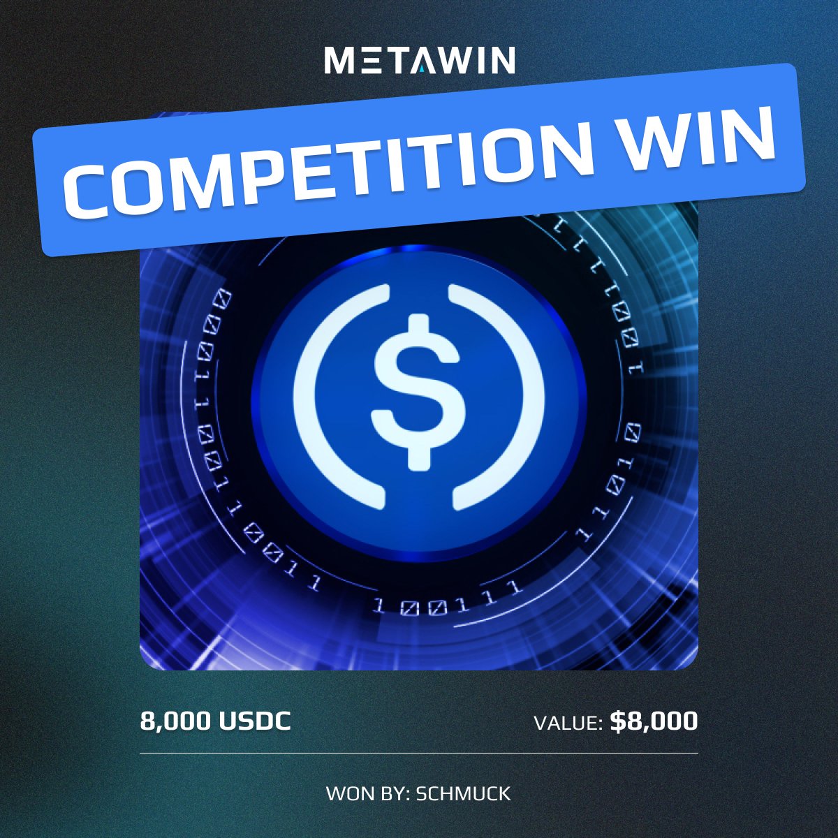 MetaWin's tweet photo. Huge congratulations to MetaWinner 'Schmuck' who is 8,000 USDC wealthier today 🤑

Who is going to be our next big winner? 🤔 https://t.co/EpVujpA1bU