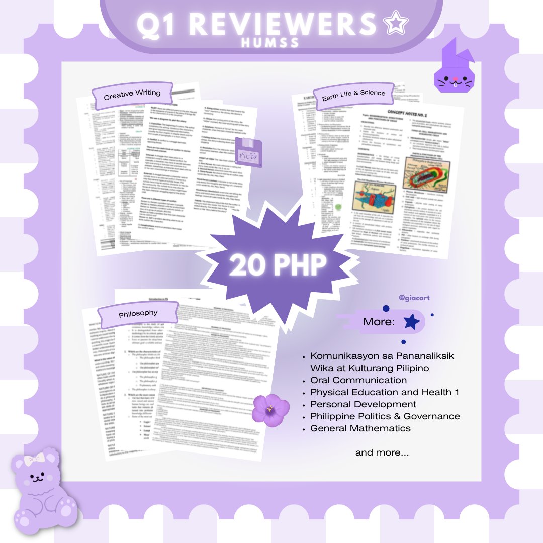 giaxcrt's tweet photo. Grade 11 HUMSS First Quarter Reviewers for sale !!

𓏔 Complete 
𓏔 Ready-to-print 
𓏔 Lifetime Access
𓏔 Downloadable &amp; Printable
𓏔 Gdrive : Can open offline
𓏔 Good for 2 Q's na ’yung iba

╰ We also have notes &amp; reviewers for all quarters : PHP 50 only (take all) https://t.co/sg1UBNlglx