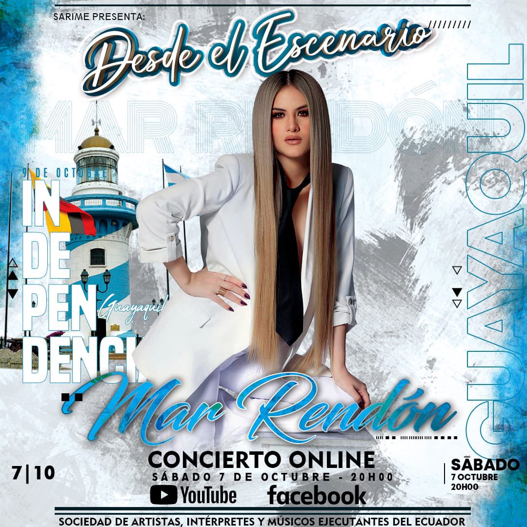 MarRendonMusica's tweet photo. Para mis marcianes que no podrán asistir este 5 porque viven en otros países, los invito a celebrar las fiestas de independencia de Guayaquil con in concierto online este Sábado 7. 🩵🤍🩵 https://t.co/YH0K5EymMQ