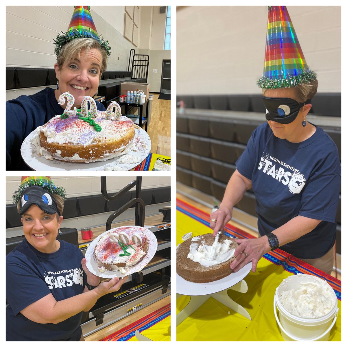 lcfritz's tweet photo. North’s  PTO’s Fun Run is this week. To kick it off, the Related Arts teachers had a BLINDFOLDED cake decorating contest. It was a lot of fun, but my favorite part of the day was watching Mrs. Arrowood on the videos! 😂😂Thanks to my team for being such good sports! #NORart https://t.co/lJTHV8cd2M