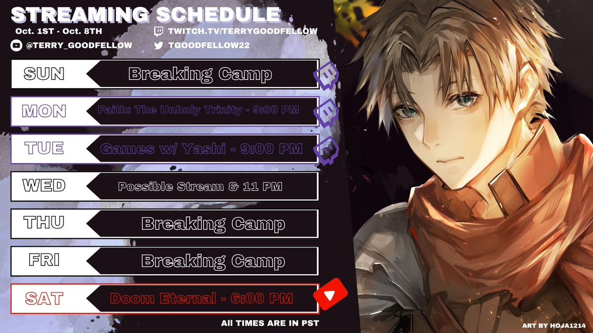 TGoodfellow22's tweet photo. Here is a schedule for my first week of October. It will be a crazy month for me. If I have time I want to do a 1 year anniversary stream ill keep you all posted if I decide to go through with that! https://t.co/RcNLKmY6Jd