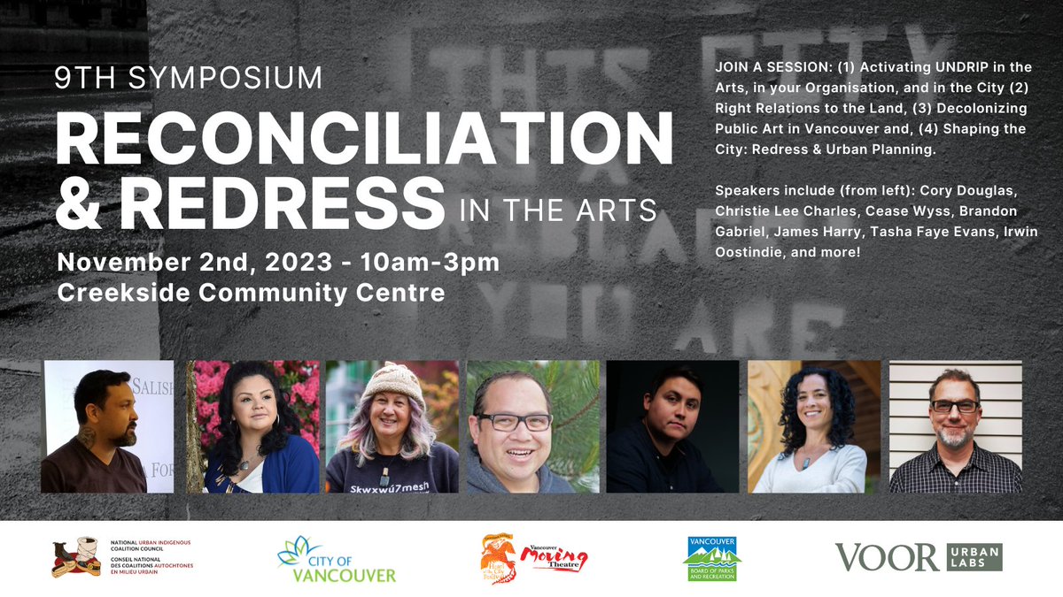Join us on the 9th Symposium on Reconciliation &amp; Redress in the Arts next month! Hear from James Harry, Christie Lee, <a href="/TuyTanat/">CeaseWyss</a>, Brandon Gabriel, Tasha Faye Evans and more.

📅 Nov 2, 2023
⏲️ 10 AM - 3 PM PT
📍 Creekside Community Centre &amp; Zoom
Tickets: bit.ly/9Redress