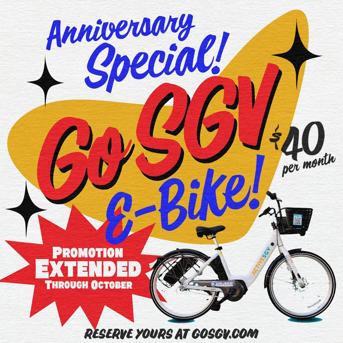 ActiveSGV's tweet photo. π²π Happy 1st Birthday to GoSGV! π₯³πΏ
To celebrate this milestone, all October, you can join GoSGV for just $40/month with a 6-month commitment! π
Visit https://t.co/7cJ5KvtNon now to sign up for your GoSGV e-bike and enjoy all the perks of membership. π΄ββοΈπ #GoSGV https://t.co/tCfVcEhcDl