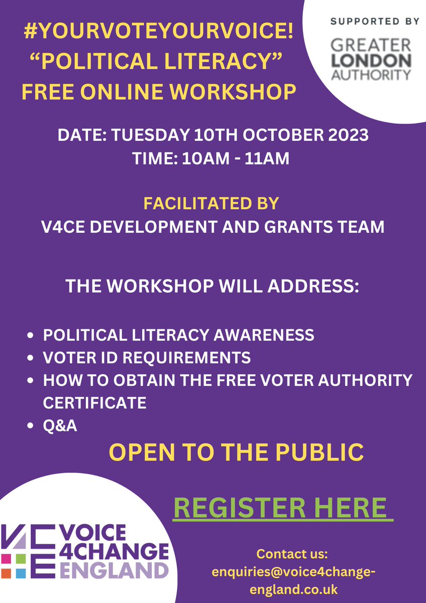 V4CE's tweet photo. How politically savvy are you? Do you know about the new #PhotoIDs requirement or how to get a Voter Authority Certificate? To get up to speed, attend our #YourVoteYourVoice online workshop supported by @LDN_gov
๐ 10/10/2023
โฐ 10-11am
Register here https://t.co/GV9jKk5hJY https://t.co/Iij1cWEoys