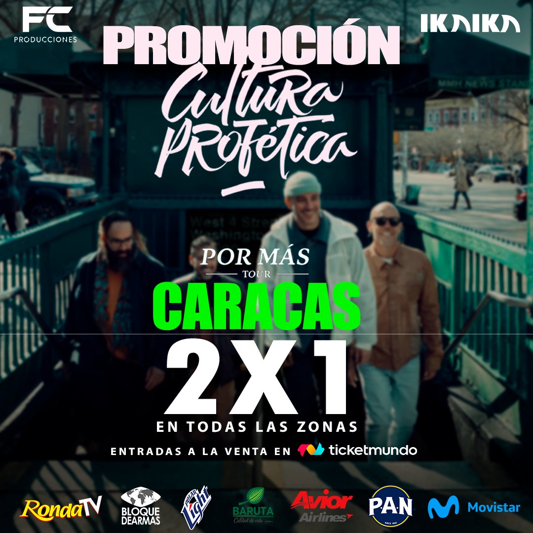 Promo flash! Por tiempo limitado promo 2x1 para cultura profetica en caracas.
Correo ya a ticketmundo.com o taquilla del ccct frente a gina
Nos vemos el 14 de octubre en la concha Acústica de Bello Monte