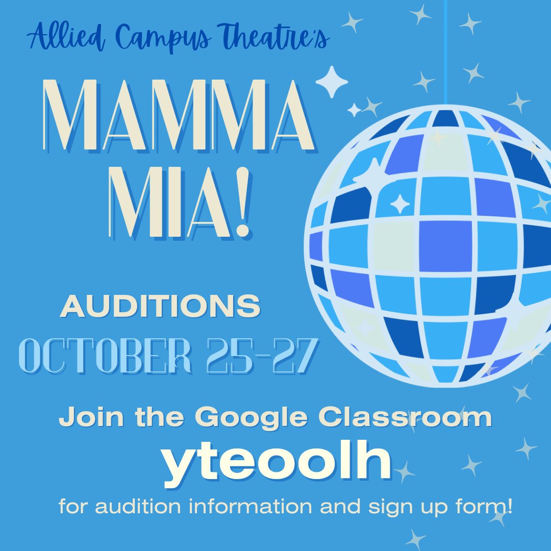 ACTatLEE's tweet photo. Auditions for Allied Campus Theatre's "Mamma Mia" are coming up! Join the Google classroom to sign up! https://t.co/Kw2PSU0aHI