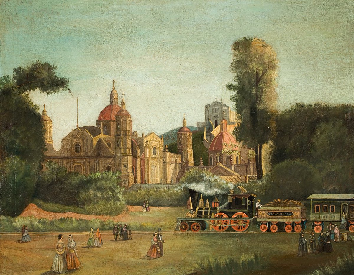 MarioSosaG's tweet photo. Este óleo anónimo de la colección de @ElMuseoSoumaya muestra la primera vía férrea en el Valle de México. La locomotora recorría casi siete kilómetros de #Tlatelolco hasta la Villa de Guadalupe.

#LunesDeArte 
#MarioSosaGómez https://t.co/Wgi7CRVkWQ
