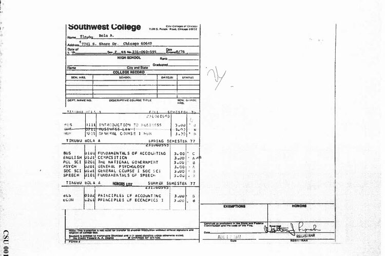 firstladyship's tweet photo. BREAKING:

1. The Academic Records released by the Chicago State University, indicated that the “Bola Tinubu” that was admitted, graduated from Government College, Lagos.

VERDICT: Government College Lagos was founded in 1974. Whoever claimed they graduated from there in 1970 is a FRAUD! ❌

The Bola Tinubu in Aso Rock, has been disowned by the old students of the Government College, Lagos.

2. The academic record from SouthWest College he used for his admission into the CSU, it belongs a lady. 

VERDICT: Tinubu is an identity thief. ❌

3. The certificate he presented to INEC is FAKE. It is completely different from what the CSU issued in 1979 (the same year he claimed he graduated).

VERDICT: Bola Ahmed Tinubu forged his Diploma Certificate. ❌

This is the true position of things, as released & authenticated by the Chicago State University. Any other news from APC handles & in the print & TV stations in Nigeria (contrary to what I just reported) IS FAKE NEWS!