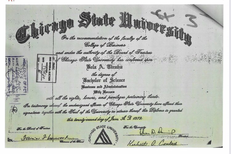 firstladyship's tweet photo. BREAKING:

1. The Academic Records released by the Chicago State University, indicated that the “Bola Tinubu” that was admitted, graduated from Government College, Lagos.

VERDICT: Government College Lagos was founded in 1974. Whoever claimed they graduated from there in 1970 is a FRAUD! ❌

The Bola Tinubu in Aso Rock, has been disowned by the old students of the Government College, Lagos.

2. The academic record from SouthWest College he used for his admission into the CSU, it belongs a lady. 

VERDICT: Tinubu is an identity thief. ❌

3. The certificate he presented to INEC is FAKE. It is completely different from what the CSU issued in 1979 (the same year he claimed he graduated).

VERDICT: Bola Ahmed Tinubu forged his Diploma Certificate. ❌

This is the true position of things, as released & authenticated by the Chicago State University. Any other news from APC handles & in the print & TV stations in Nigeria (contrary to what I just reported) IS FAKE NEWS!