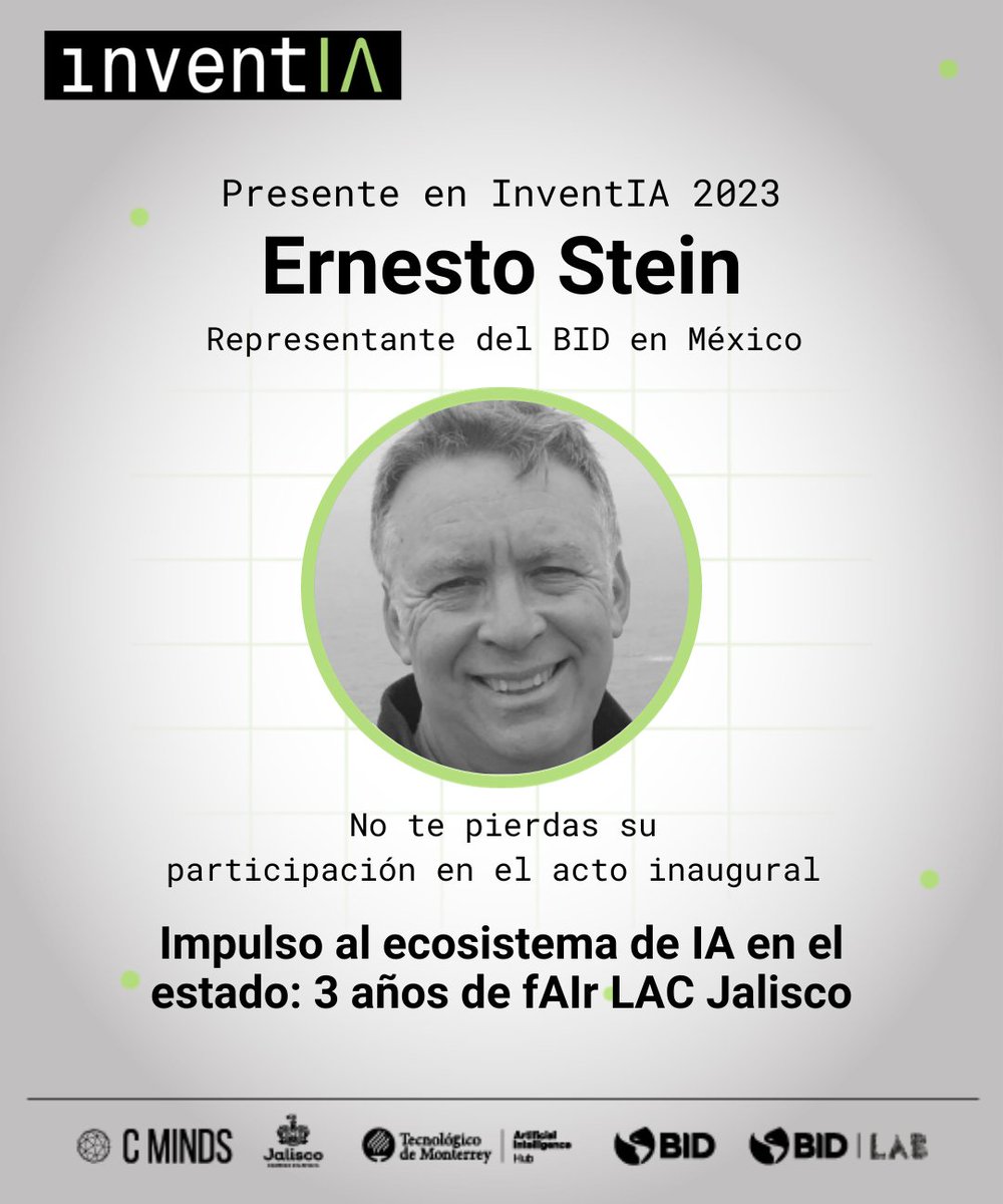 Hub_IA_Tec's tweet photo. Durante #InventIA, contaremos con la participación de @ErnestoSteinIDB, representante del @the_IDB en México. Experto en temas de economía institucional y economía política.
Consulta el programa y regístrate en https://t.co/BshI327F9R
📅 25 y 26 octubre.
📍 @TECcampusGDL https://t.co/pf6wiKLfyp