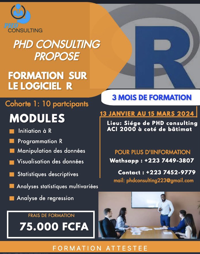 phdmali's tweet photo. PHD Consulting propose cette formation qui vous permettra de maîtriser la syntaxe du langage R, la manipulation des données, les statistiques descriptives et multivariées, la visualisation des données et à programmer en R. https://t.co/xPIAgu4flZ