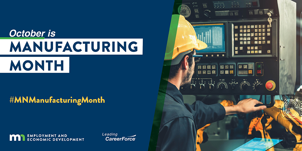 mndeed's tweet photo. October is Manufacturing Month in Minnesota! This month is a great opportunity to recognize the critical importance of manufacturing to the state's economy and highlight the many career opportunities in this vital industry: https://t.co/NAkVMUaICx https://t.co/qzLiZIGUZa