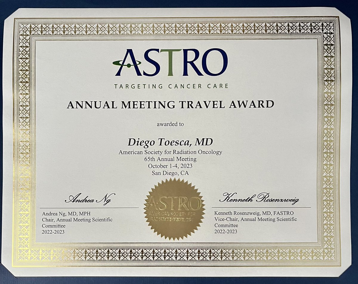 DiegoToesca's tweet photo. Honored for the opportunity to have presented the results of PCG GU002, a randomized, controlled, Ph 3 non-inf trial on SBPT vs. CFPT for low-risk PCa, and for receiving an ASTRO Travel Award!

https://t.co/OiQT9PKiet https://t.co/1S6R0dusmr