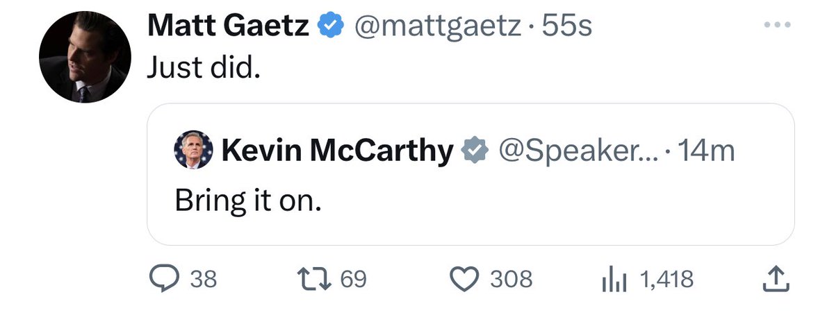 NOW - <a href="/mattgaetz/">Matt Gaetz</a> responds: "Just did."