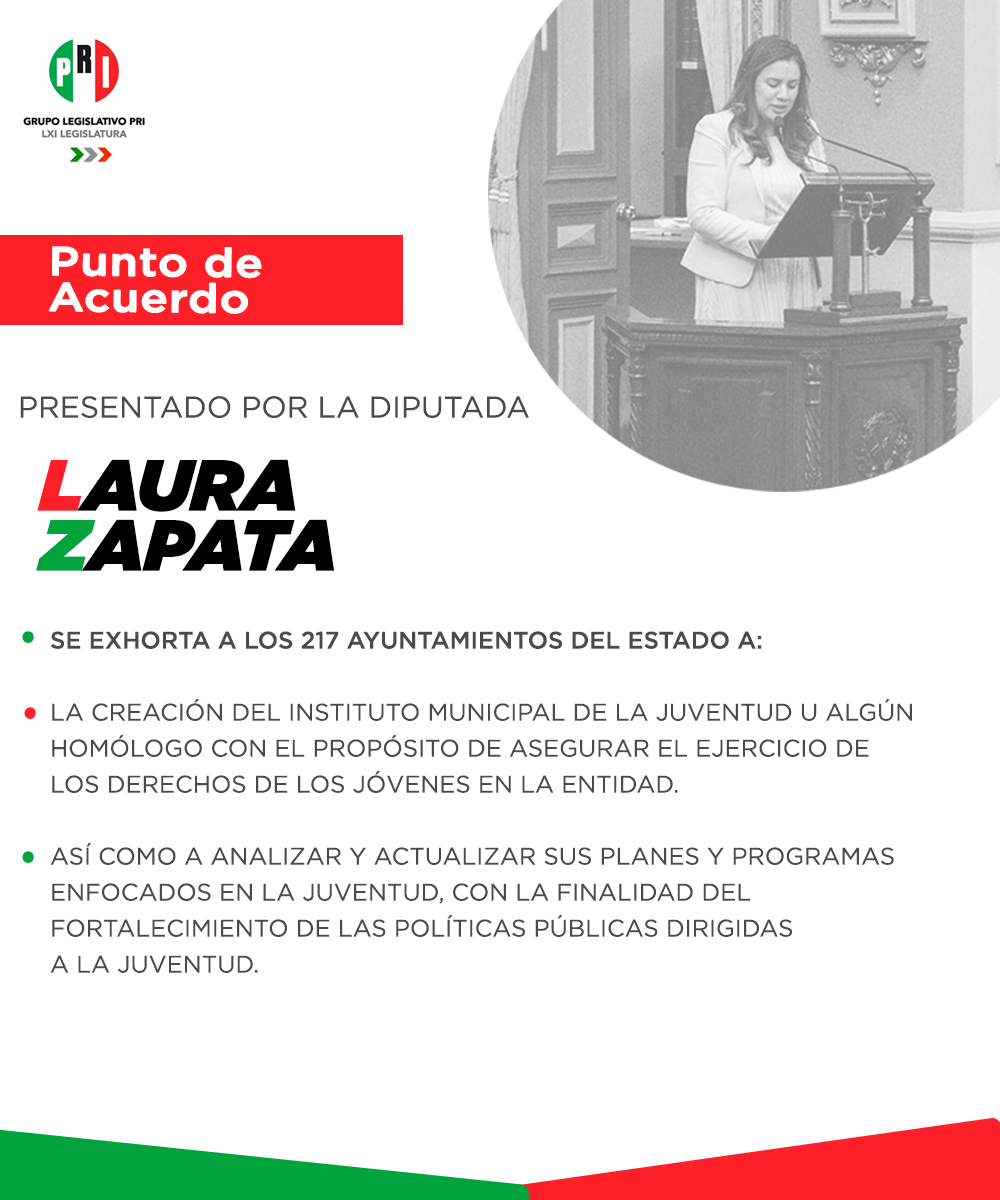 En la Sesión Pública Ordinaria del 29 de septiembre, la Diputada <a href="/Lauzama1/">Laura Zapata</a> presentó un Punto de Acuerdo exhortando a los 217 municipios del Estado a llevar a cabo actividades a favor de las y los jóvenes de nuestro Estado.