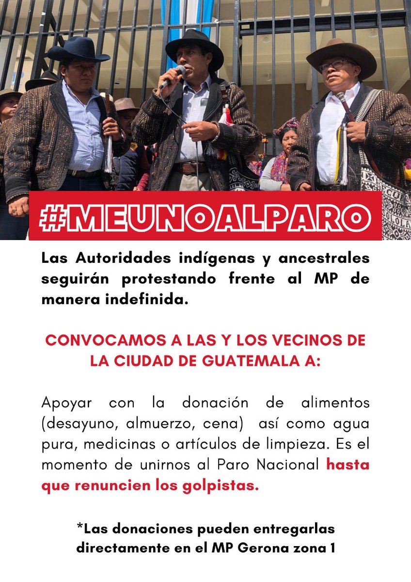 Gente de la ciudad capital. Necesitamos donaciones de alimentos y agua pura en la manifestación frente al MP. Toda la ayuda se entrega directamente acá a las autoridades ancestrales.