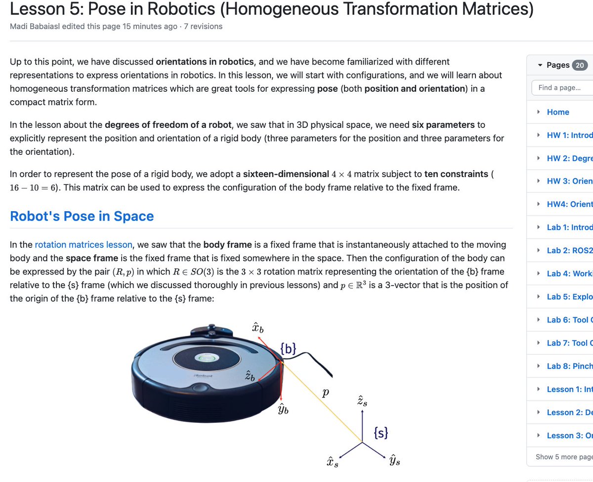 madibabaiasl's tweet image. Lesson 5: #Pose in Robotics (Homogeneous Transformation Matrices) and Lab 8: Pincherx 100 Robot Arm's Pose in Its Zero Position and Transformation Matrices for Kinova's Gen3 Robot Arm are updated:
lnkd.in/dSVmBJRw
#modernrobotics #robotics #transformationmatrices