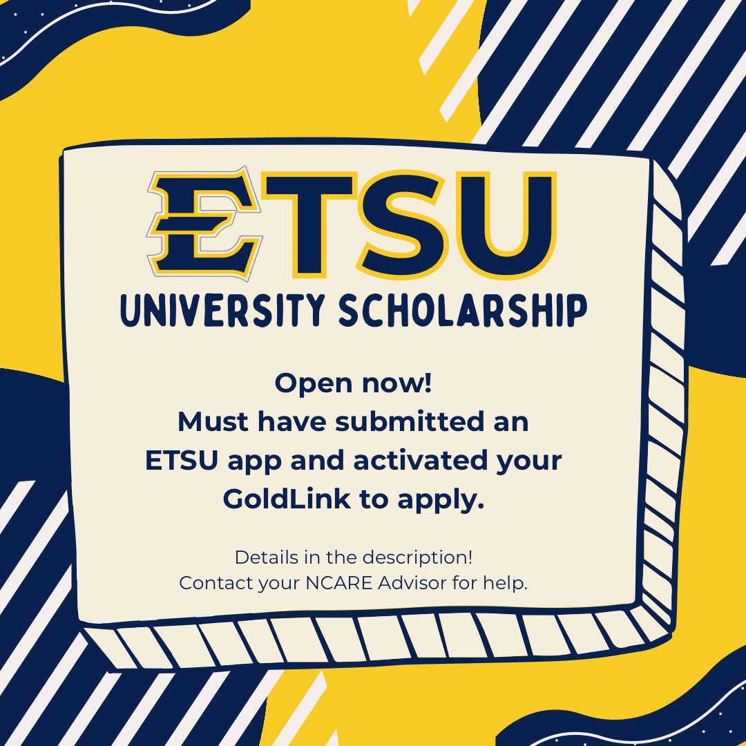 NiswongerCARE (@n_caretn) on Twitter photo You were accepted to ETSU? 🤩 That’s awesome! I have more great news for you. The ETSU University scholarship is now open! You’ll need to activate your GoldLink before you can apply for the scholarship. You were accepted to ETSU? 🤩 That’s awesome! I have more great news for you. The ETSU University scholarship is now open! You’ll need to activate your GoldLink before you can apply for the scholarship.