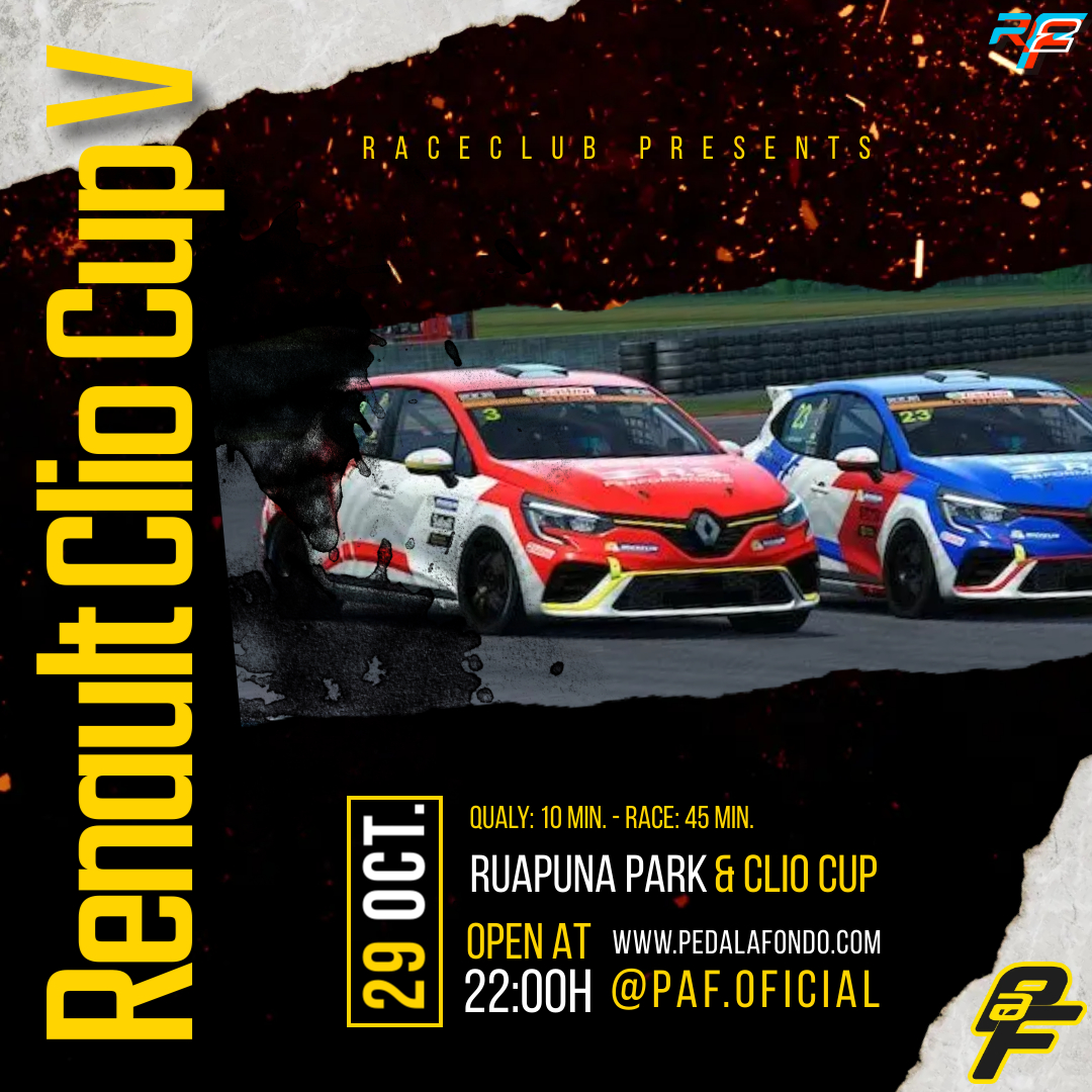 Ya es otoño, época de eventos competitivos

Miércoles y domingo a partir de las 22.00h
rFactor2

El mejor Porsche del simulador
Utilitarios franceses perdiendo retrovisores
Cacharros australianos con ganas de matarte
Fibra y tubos a 350 kms/h en LeMans

#paf #raceclub #s397