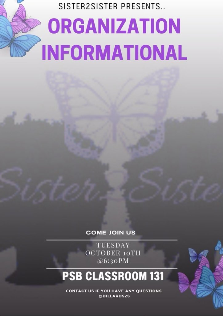 Hey Bleu Devils! If you missed us at the Org Fair, no worries we have something just for you. Join us next Tuesday, October 10th, 2023 at 6:30pm to give you more information about Sister2Sister and our plans for the rest of the semester! We can’t wait to see you there! 💜