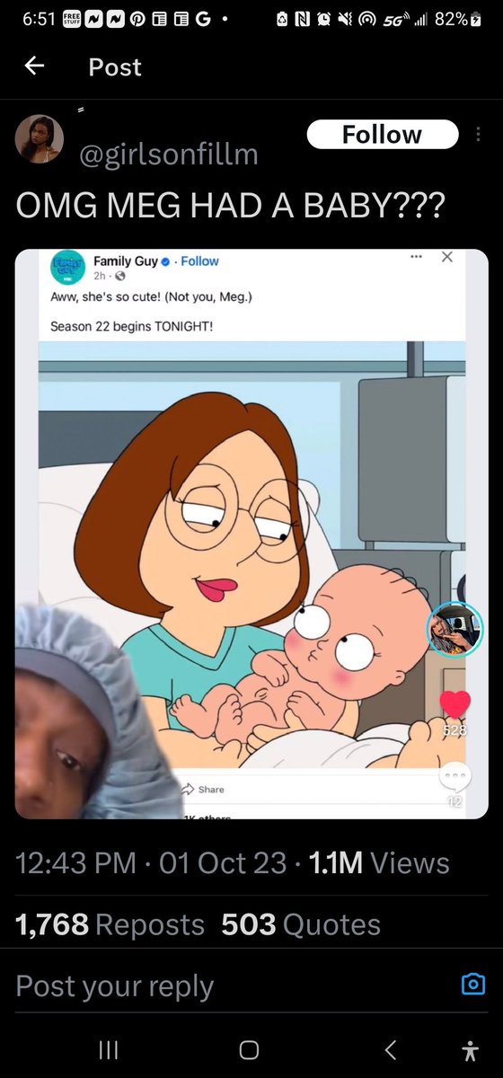 PsychDrSSmith's tweet photo. I don't watch much Family guy (I'm an American Dad kinda girl myself). But when I saw the post title "Meg had a baby" I thought here MM goes again lol! https://t.co/YsQr6Zglwu
