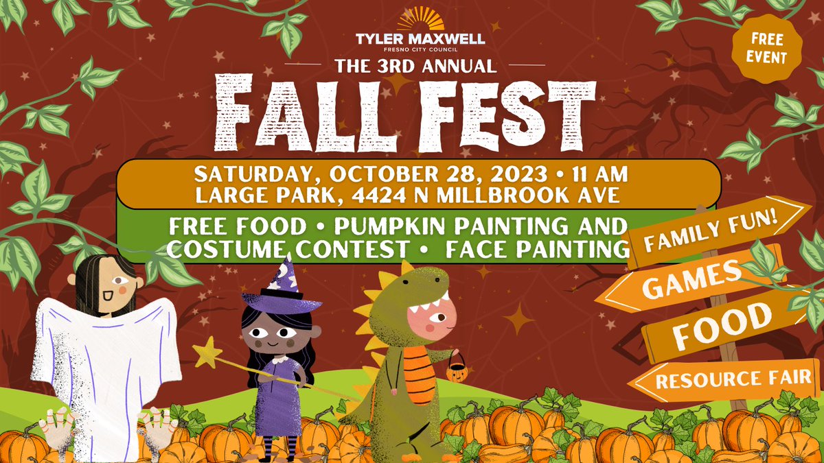 Join us for our 3rd annual Fall Fest! 🎃 This year’s event will feature FUN for the whole family with free pumpkin painting, a costume contest, free food, face painting, a resource fair, and more!! 📅Saturday, October 28, 2023, at 1 1AM 📍Large Park, 4424 N Millbrook Ave.