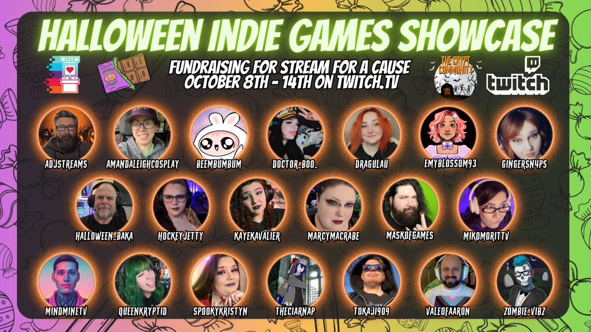 Proud to announce the Crypt Community members participating in <a href="/Streamcause/">Stream for a Cause 🔜 #PAXeast</a>'s Halloween Indie Games Showcase!! 

Be sure to check them all out and show them support! 🎃We're all going to be working together to reach out goal for <a href="/Streamcause/">Stream for a Cause 🔜 #PAXeast</a>!