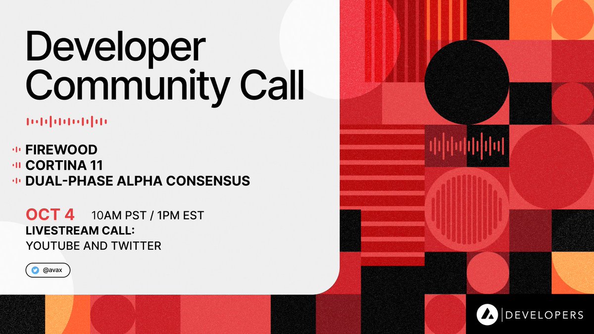 🔺Calling all builders🔺

This week's #Avalanche Developer Community Call will be a great resource covering the latest network updates and new releases.

Topics:
☑️ Developer Preview of Firewood
☑️ Cortina 11 
☑️ Dual-Phase Alpha Consensus Research

📍 Stream on X and YouTube
📆