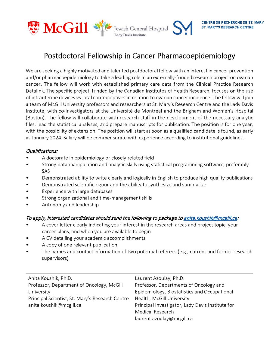 AnitaKoushik's tweet photo. #Postdoc fellowship opportunity in Cancer Pharmacoepidemiology, working with me and @LaurentAzoulay0 https://t.co/kTO9JAc3HW