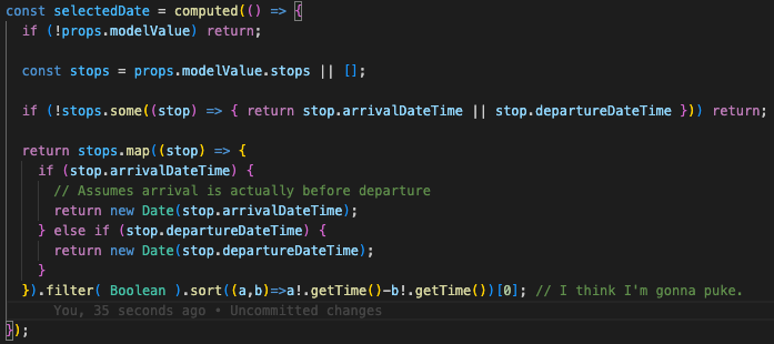 TimJohnsWA's tweet photo. How do I know it's time to actually leave at 5pm today? 

I just wrote this code, which probably works -- but if I check it in, whoever has to maintain it will hate me.

...and that's quite probably me. So I will refactor this and check it in. TOMORROW. https://t.co/vA5I9SATxw
