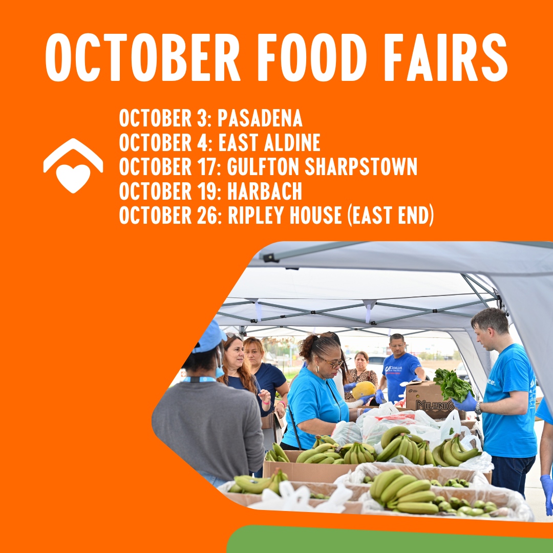 Our October Food Fairs are here! 🎃 All locations start at 8am.

#FoodFair #BakerRipley #joinus #houston #FoodFairs