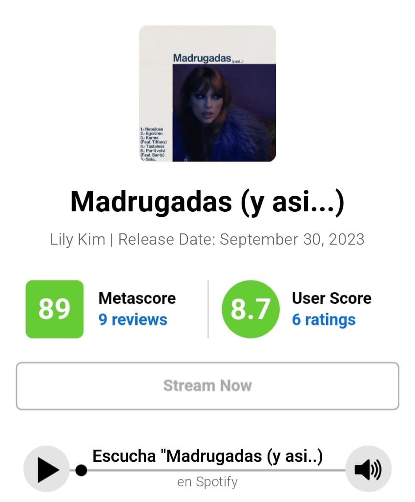 chartdata_secta's tweet photo. "Madrugadas (y asi...) de Lily Kim (@LilyMrsKim) debuta con una impecable calificación de 89/100 en Metacritic Stars basado en 9 reseñas profesionales.

El disco ahora cuenta con la etiqueta de "Aclamación Universal". https://t.co/gkkViZnF2V