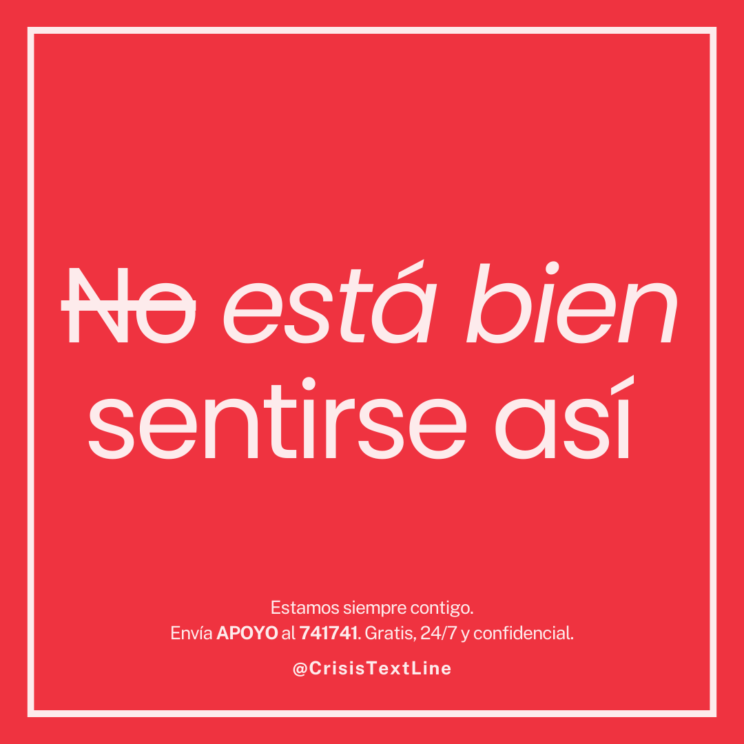 CrisisTextLine's tweet photo. Lamentamos las veces que tus sentimientos fueron despreciados; no te lo merecías. 

Si necesitas hablar, estamos aquí para ti. Envía APOYO al 741741 para conectarte con un Consejero de Crisis voluntario. Estamos listos para escucharte y apoyarte. ❤️ https://t.co/Z8KYpalO2u