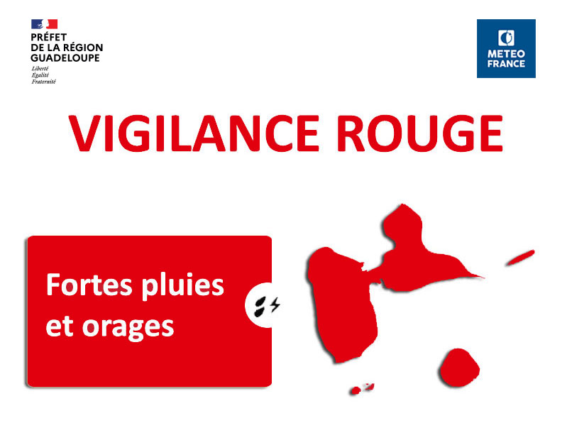 Prefet971's tweet image. [#Météo] Ce lundi 2 octobre à 19h39, la Guadeloupe est placée en vigilance ROUGE pour fortes pluies et orages et est maintenue en vigilance JAUNE pour vagues-submersion et vents violents.
👉Le bulletin complet de Météo-France et les consignes de sécurité meteofrance.gp/fr/vigilance/g…