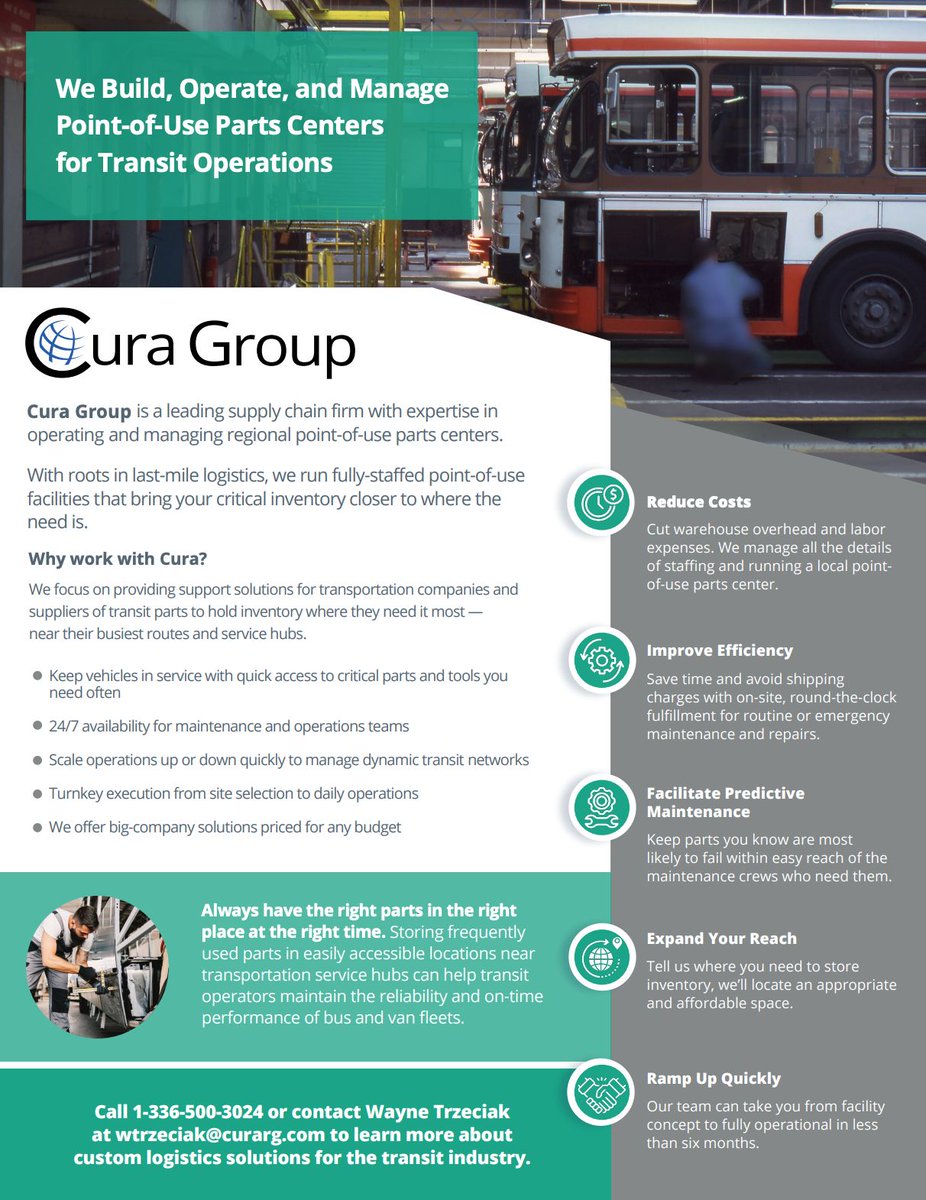 Cura_Group's tweet photo. Headed to @APTA_Transit's #APTAEXPO in Orlando next week? If you're looking for custom #logistics solutions for #transitoperations parts, connect with Wayne Trzeciak, our BizDev &amp; Strategy Advisor! Learn more &amp; get Wayne's contact info > https://t.co/0YDY1wZ3kV #Bus #Transit https://t.co/loiuYBXR7G