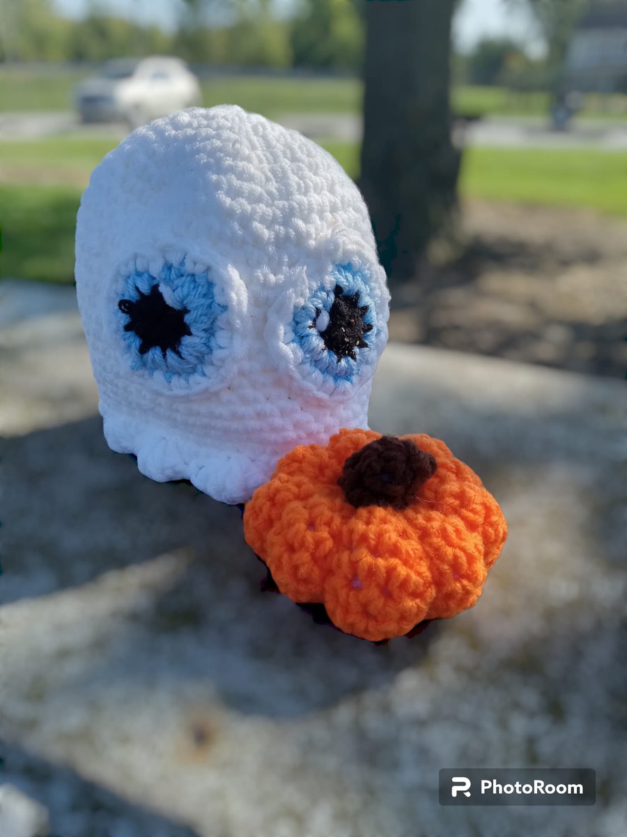 One of my newest creations!  It's spooky season and ghost friend and I went to one of our local parks for pictures.  Ghost pattern is from Jen's a Little Loopy, eye pattern is from @RepeatCrafterMe and pumpkin pattern is from Willow Crochet.