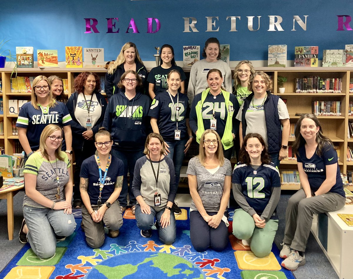 EPS_LowellES's tweet photo. Lowell staff showing our spirit for the Seahawks. Here’s hoping for a win tonight! @EPS_Region1 @DrIanBSaltzman @EverettSchools https://t.co/zdl8dRfU3z