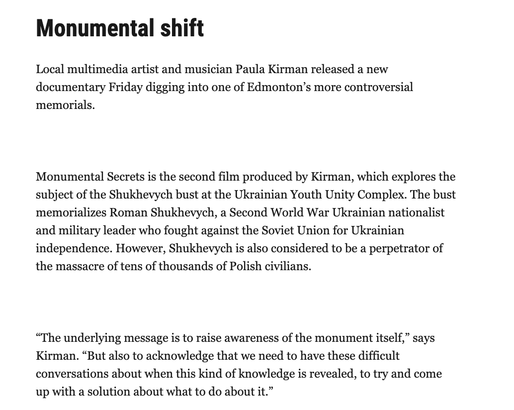 apaulagetics's tweet photo. My latest film "Monumental Secrets" got some ink at the Edmonton Journal - it's the second story on this page: https://t.co/1SpvQn6JDP
--
#yeg #yegfilm #filmmmaker #womenfilmmakers #multimedia #yegartist https://t.co/2jv6JftFOI
