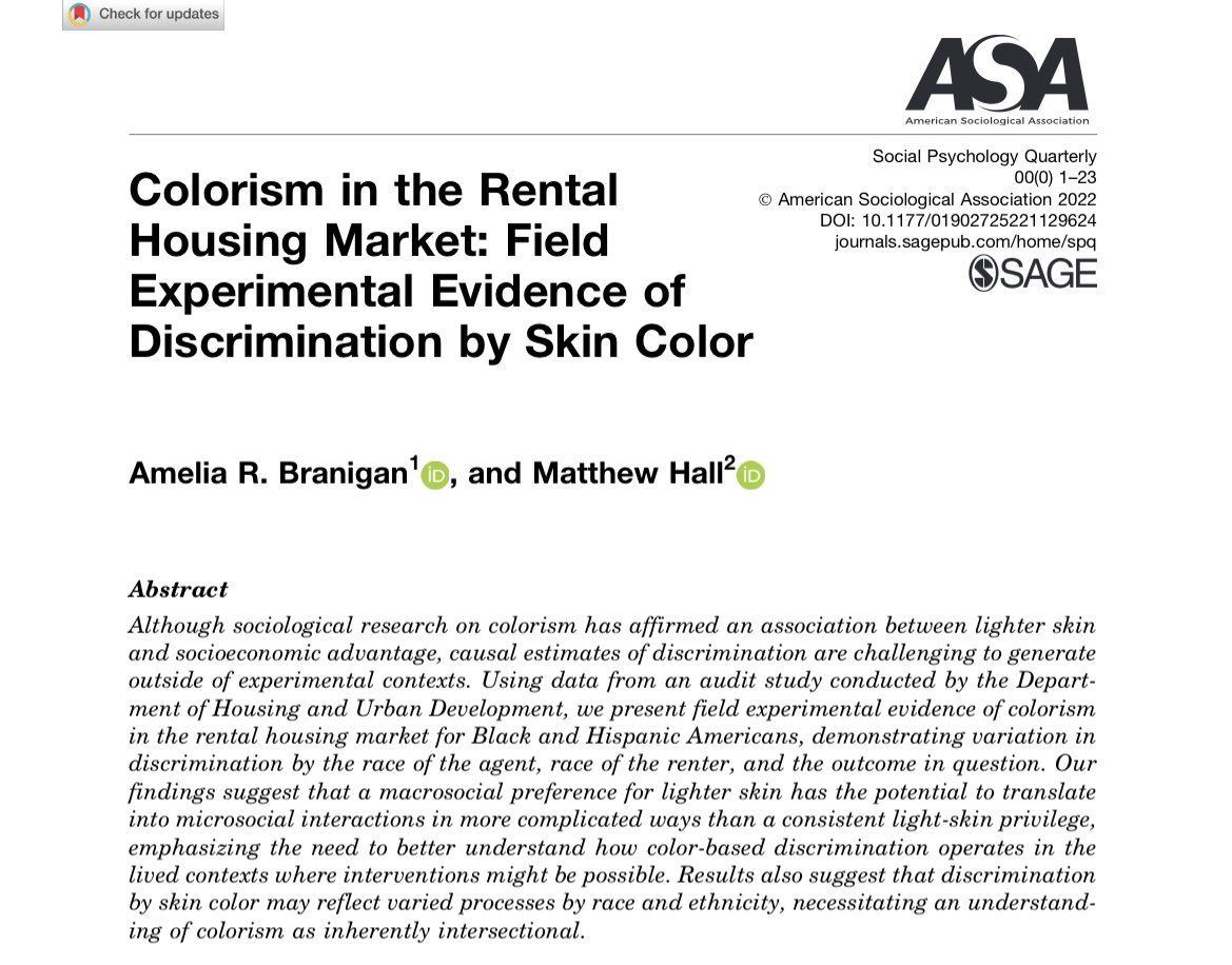 leahfrombklyn's tweet photo. A new study, recently published online, shows how colorism affects renters as they’re seeking housing. 

Colorism exists—that’s not news. 

But this is a groundbreaking study because it’s actually the first one using field data to assess how colorism affects Black renters. https://t.co/L7DV9XuYTX