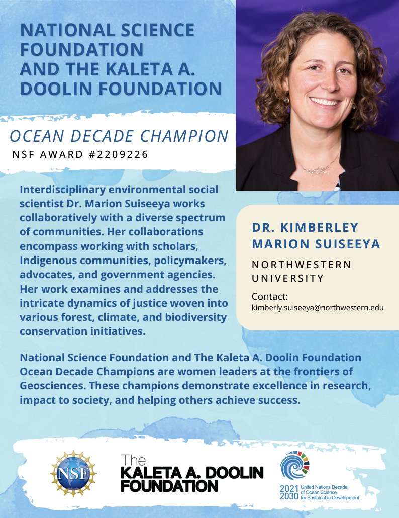 Congratulations to <a href="/NorthwesternU/">Northwestern</a> Professor <a href="/KimSuiseeya/">Kim Marion Suiseeya</a>, who was recently named a 2023 <a href="/NSF/">U.S. National Science Foundation</a>-Kaleta A. Doolin Foundation (KADF) Ocean Decade Champion.

NSF and KADF have joined together to empower 31 women scientists associated with the NSF Coastlines and People (CoPe) program.