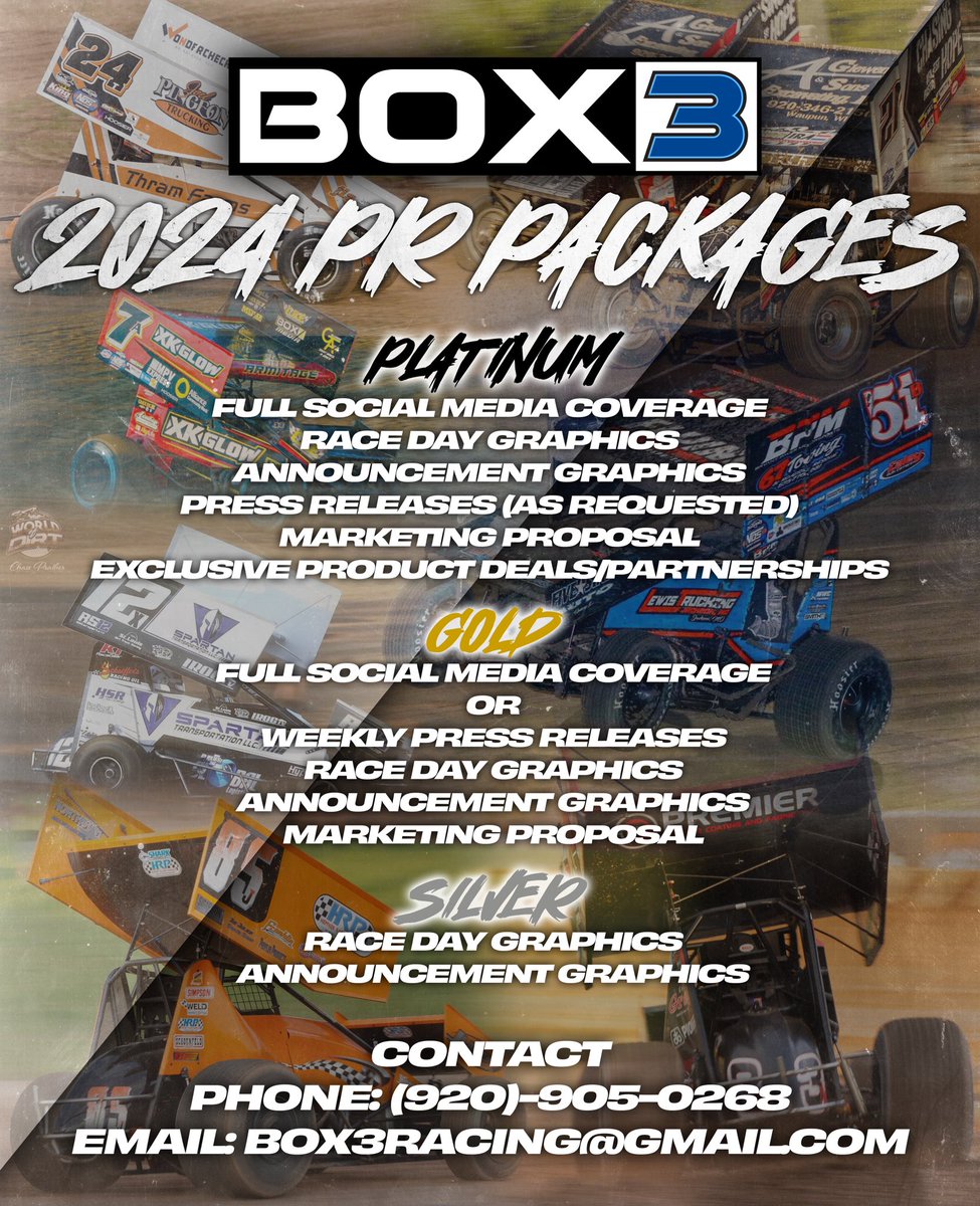 box3_racing's tweet photo. 🚨 Our 2024 #Box3Racing Public Relations Packages are HERE!!! What we do goes beyond a great looking race day graphic. We’ll truly elevate your team’s social media presence and level of professionalism which in turn attracts sponsors and provides your fans and partners with up to date information on your race team! 

With three different tiers (Silver, Gold and Platinum), we truly have a package that will fit every team’s budget. Whether you’re racing a National Tour or a Weekend Warrior, Box3 Media can help you take your team to the next level! 

Contact us today by emailing box3racing@gmail.com or calling (920)-905-0268! 

NOTE: Box3 will have a set number of team slots available for this off-season/next year, with a good chunk of them already filling up. If you’re currently a customer, be sure to reserve your spot as soon as possible to guarantee service in the 2024 season as well as this off-season/winter. 

📸: Shawn Mueller Photography | @357WoD | Payton Schneeberg | Kelm Motorsports
🏎️: @thramracing24 | @BrabantGerrits |@armitage_will7 | @JoeBMotorsports |@RS12Motorsports |@LoganJulien8 | @jake_neuman3n