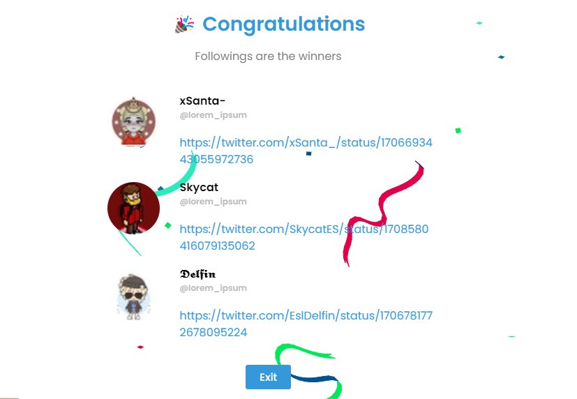 ¡Muchas felicidades! ✨
🥇<a href="/xSanta_/">xSanta-</a>
🥈<a href="/SkycatES/">Skycat</a> 
🥉@EslDelfin

Manden dm para coordinar la entrega de sus respectivos premios, gracias a todos por participar🤎🤎