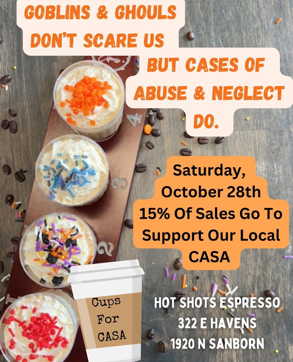 first_casa's tweet image. 🚨 Support Alert! CASA trains volunteers to amplify kids' voices in abuse &amp;amp; neglect cases. 🎤❤️ On October 28th, 15% of sales from both Hot Shots Espresso locations will be donated to CASA! Join us! 🛍️💪 #SupportCASA #KidsVoicesMatter #DrinkCoffee #HotShotsEspresso